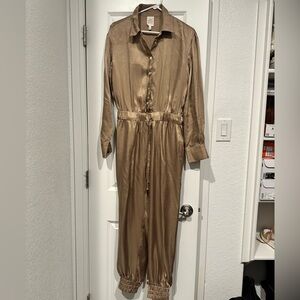 5a7 cinq a sept Joyce Twill Jumpsuit Pewter Beige Satin Silky Event Evening Part